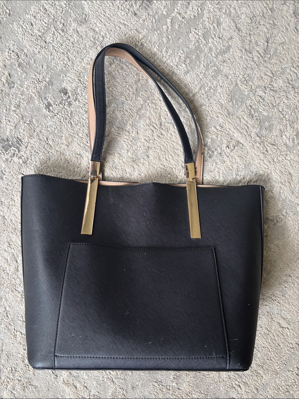 Miztique Black Tote with Gold Hardware and Tan Strap Lining